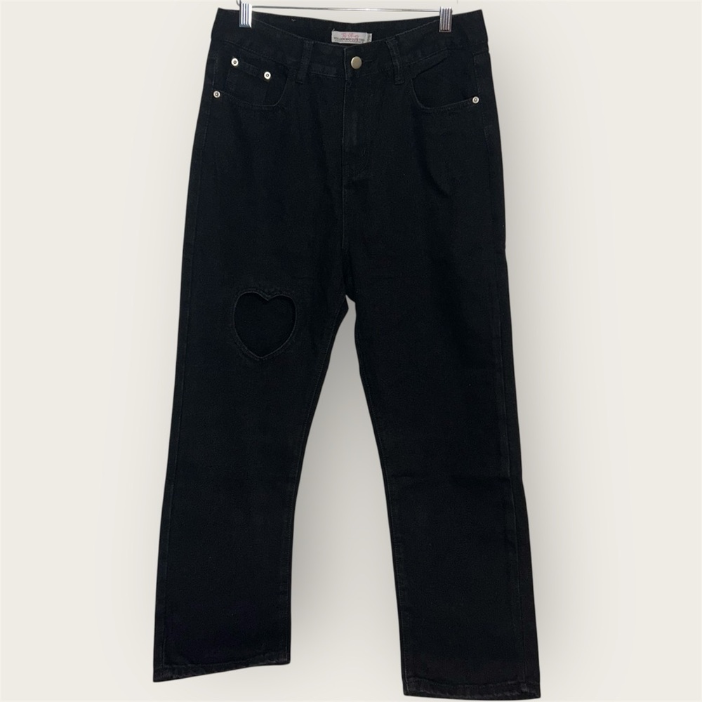 Tal Clothing Black Heart Cut-Out Cropped Jeans High Rise Straight Leg Size 29